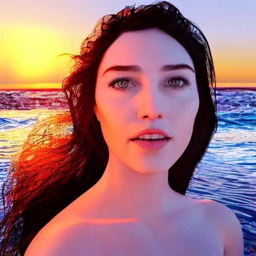 Prompt: portrait woman made of glass emerging out of the ocean at sunset, realistic reflections, translucent body, ray tracing, 3 - d render, intricate details, masterpiece