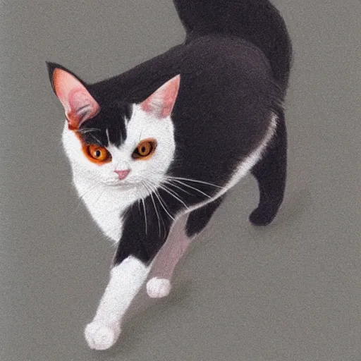 Image similar to a calico cat walking on two legs drawing