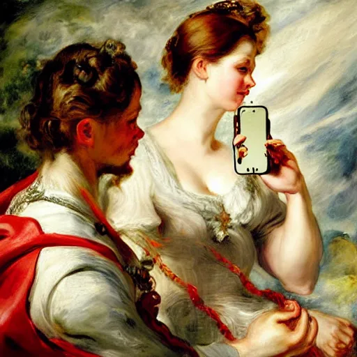 Image similar to heavenly summer sharp land sphere scallop well dressed lady taking a selfie with her iphone auslese, by peter paul rubens and eugene delacroix and karol bak, hyperrealism, digital illustration, fauvist, iphone