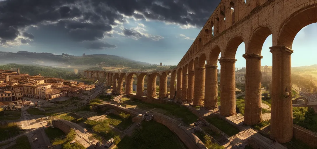 Prompt: epic view of giant roman aqueduct over beautiful italian city, unreal engine, dramatic lighting, detailed, ambient occlusion, global illumination, god rays, 3 d artstation render by greg rutowski and jessica rossier