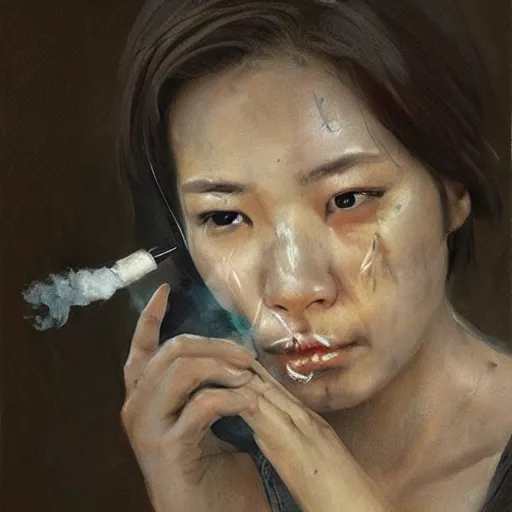 Prompt: a portrait painting by cedric peyravernay of a harded asian female spy, with scars and a dirty face, smoking a cigarette as she stares menacingly