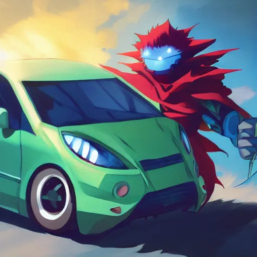 Prompt: blue knight in a green hatchback car, close up, anime, desert landscape, greg manchess, akehiko inoue and ross tran, Pyromallis Nekro Rene Margitte, Murata, one punch man manga, fight dragon