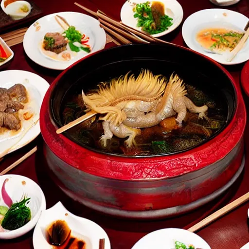 Image similar to high - end hot pot restaurant serving chinese dragon meat