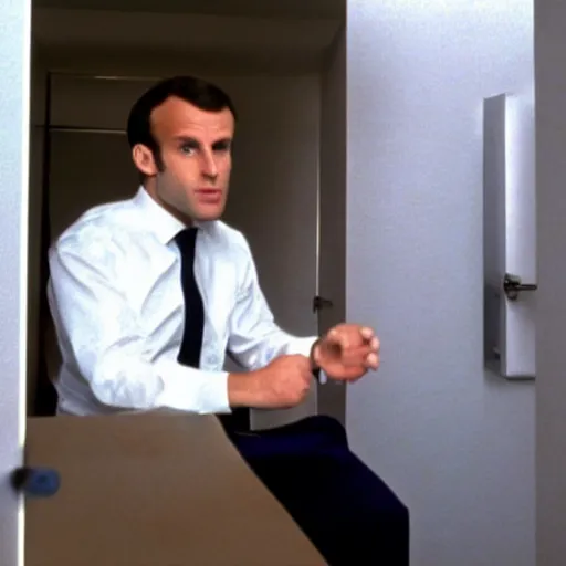 Prompt: Macron in American Psycho toilet scene (1999)