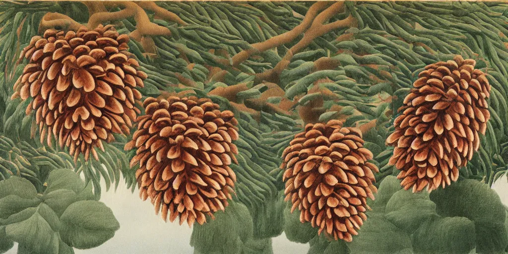 Image similar to a beautiful illustration of a cape covered with pinecone scales, by henri Rousseau, 8k, 4k