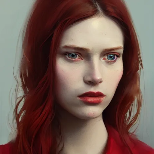 Prompt: Portrait of a woman by Greg Rutkowski, she is about 20 years old, redhead, long straight hair, beautiful oval face, wearing red and black utilitarian jumpsuit, older sister vibes, highly detailed portrait, digital painting, artstation, concept art, smooth, sharp foccus ilustration, Artstation HQ.