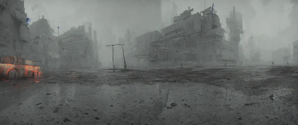 Prompt: heavy mechanical weapon by Ian McQue, concrete brutalism buildings by le corbusier on the background, dark, foggy, puddles of water, woods, high quality, volumetric lighting, cryengine