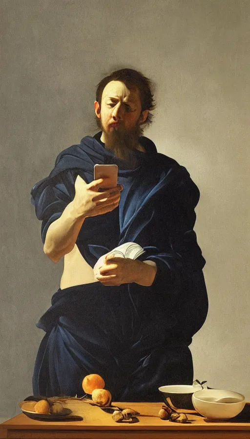 Image similar to hyperrealistic still life painting of a man illuminated by blue light from his phone, by Caravaggio, dark room, botanical print
