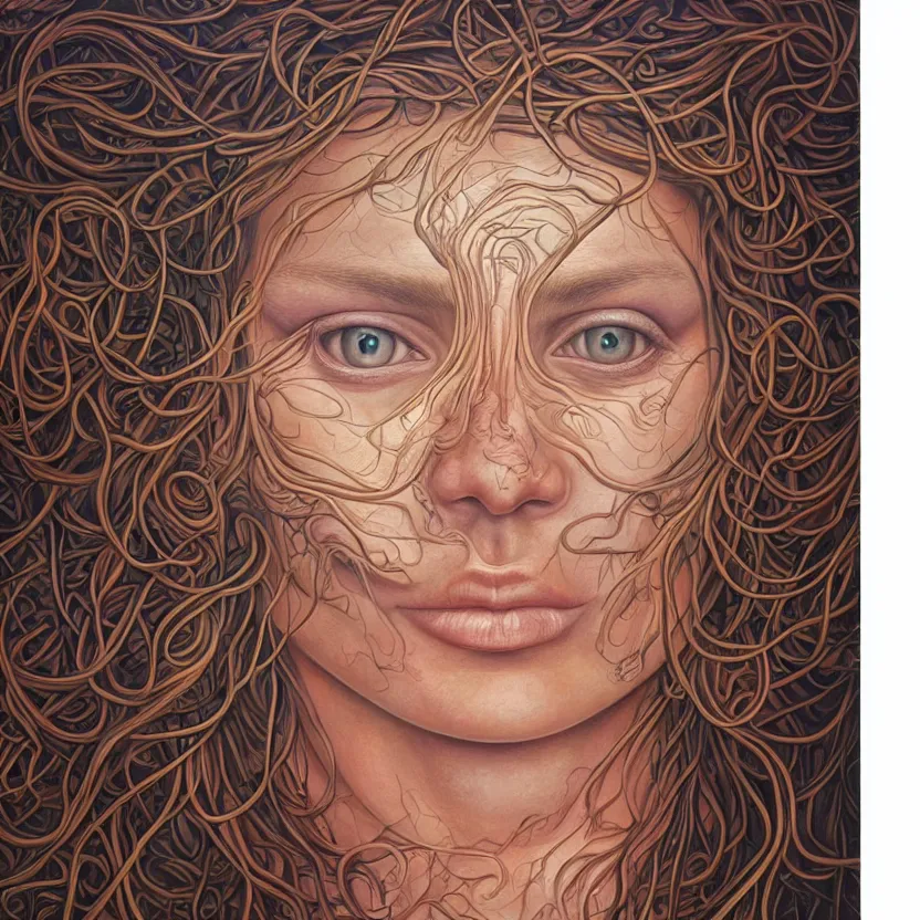 Image similar to perfectly centered portrait front view of a beautiful mushroom goddess, flowing hair, intense stare, sweet smile, symmetrical, volumetric shadows and lighting, realistic oil painting by alex grey,