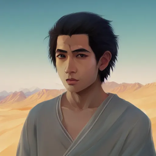 Prompt: Portrait of Haku from Spirited away as a young handsome clean shaven egyptian prince in the desert, highly detailed, smooth, sharp focus, artstation, illustration, digital art by WLOP