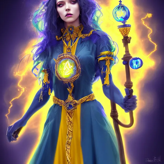 Image similar to beautiful elemental electric witch with ornate blue andyellow robes and staff, highly detailed, 4 k, hdr, smooth, sharp focus, high resolution, award - winning photo, artgerm, photorealistic