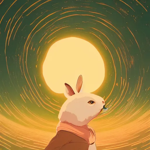 Image similar to A rabbit full of hope, looking for a black hole in an infinite time loop by Victo Ngai and Ghibli andlisk feng and atey ghailan