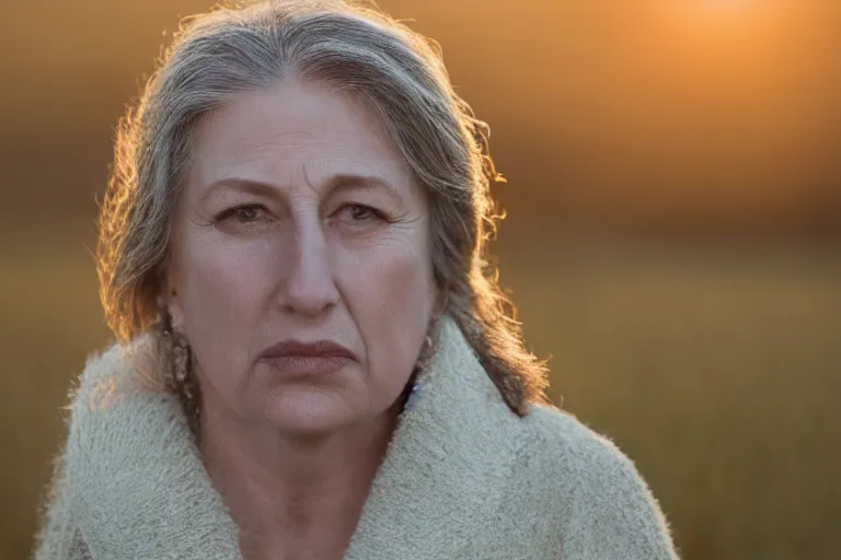 Prompt: a highly detailed cinematic headshot portrait photograph of a frozen middle aged woman stood in a field, golden hour, ultra realistic, depth, beautiful lighting, by annie leibovitz, hasselblad, 1 0 0 mm, bokeh, photorealistic, hyperrealistic, octane, masterpiece