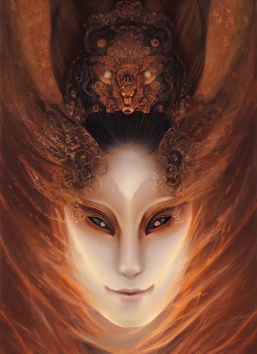 Image similar to a beautiful detailed oil on copper art illustration of a japanese kitsune mask woman, centered, by charlie bowater, zeng fanzh, trending on artstation, dim dusk lighting, cinematic lighting, detailed lighting, volumetric lighting, realistic, f 8, 4 k hd wallpaper