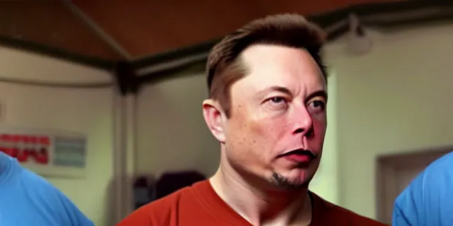 Image similar to full distant shot of bald elon musk in a tracksuit in trailer park boys