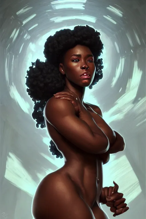 Image similar to clear portrait of a black attractive women, cottagecore!!, background hyper detailed, character concept, full body, dynamic pose, glowing lights!! intricate, elegant, highly detailed, digital painting, artstation, concept art, smooth, sharp focus, illustration, art by artgerm and greg rutkowski and alphonse mucha