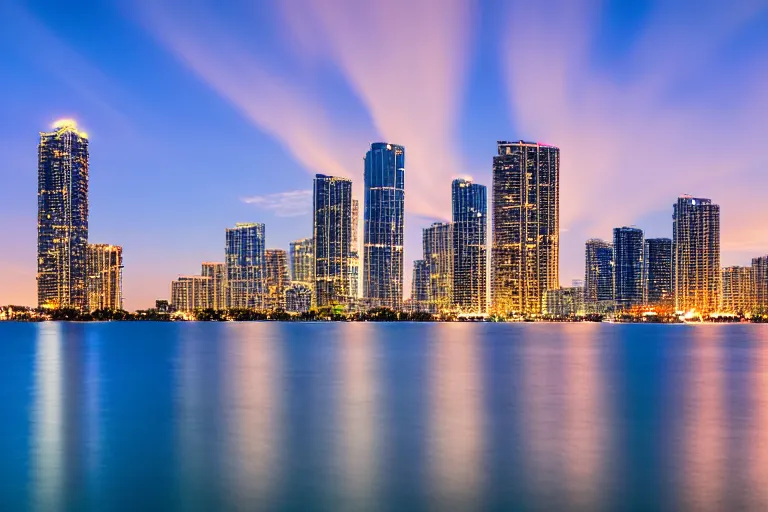 Prompt: beautiful nighttime landscape photography of Miami Florida skyline with a crystal blue ocean water, serene, dramatic lighting.