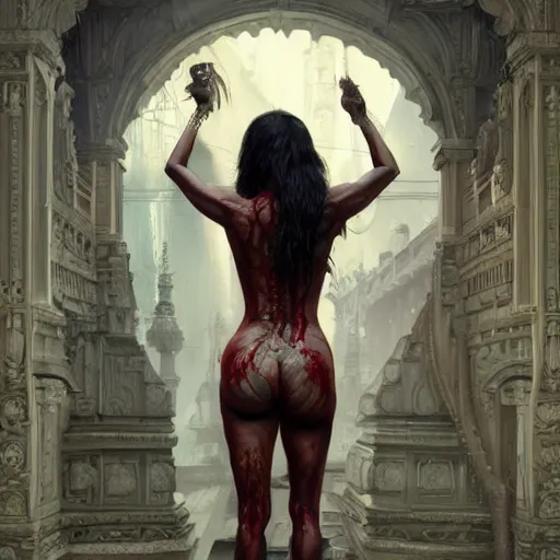 Prompt: painting of dark muscular oiled indian woman back, bloody, ultra realistic, concept art, intricate details, eerie, highly detailed, photorealistic, octane render, 8 k, unreal engine. art by artgerm and greg rutkowski and alphonse mucha