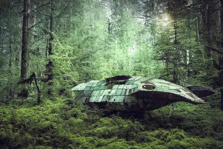 Image similar to derelict spaceship in a Forrest, hyper detailed, overgrown with moss, rusty metal, wildlife, daytime