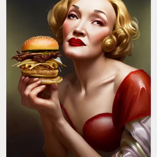 Prompt: portrait of Marlene Dietrich eating hamburgers, extra onions and ketchup, luscious patty with sesame seeds, feminine ethereal, handsome, D&D, fantasy, intricate, elegant, highly detailed, digital painting, artstation, concept art, matte, sharp focus, illustration, art by Artgerm and Greg Rutkowski and Alphonse Mucha