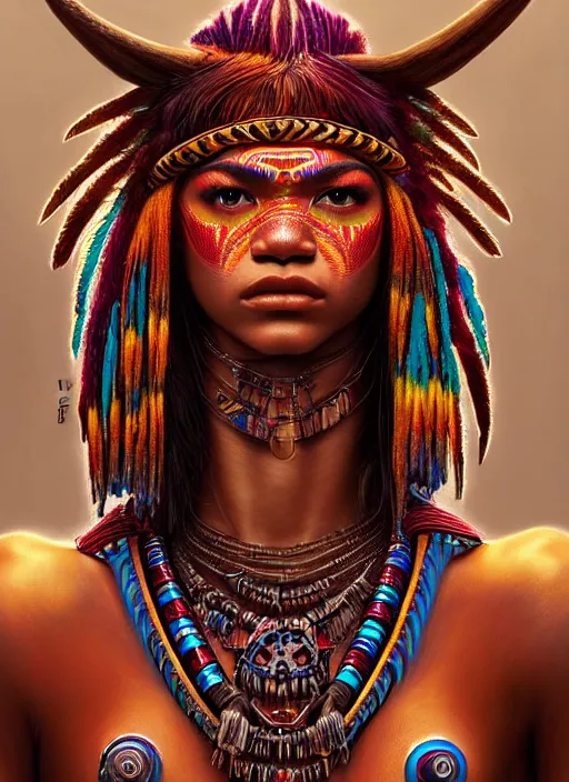 Image similar to portrait of zendaya, hyper detailed ultra sharp aztec shaman warrior. trending on artstation, warpaint aesthetic, bloodwave, colorful, psychedelic, ornate, intricate, digital painting, concept art, smooth, sharp focus, illustration, art by artgerm and greg rutkowski and h. r. giger, 8 k