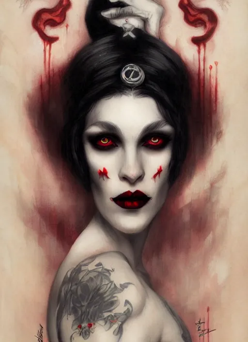 Prompt: friendly regal vampiric woman portrait by james jean, manuel sanjulian, tom bagshaw