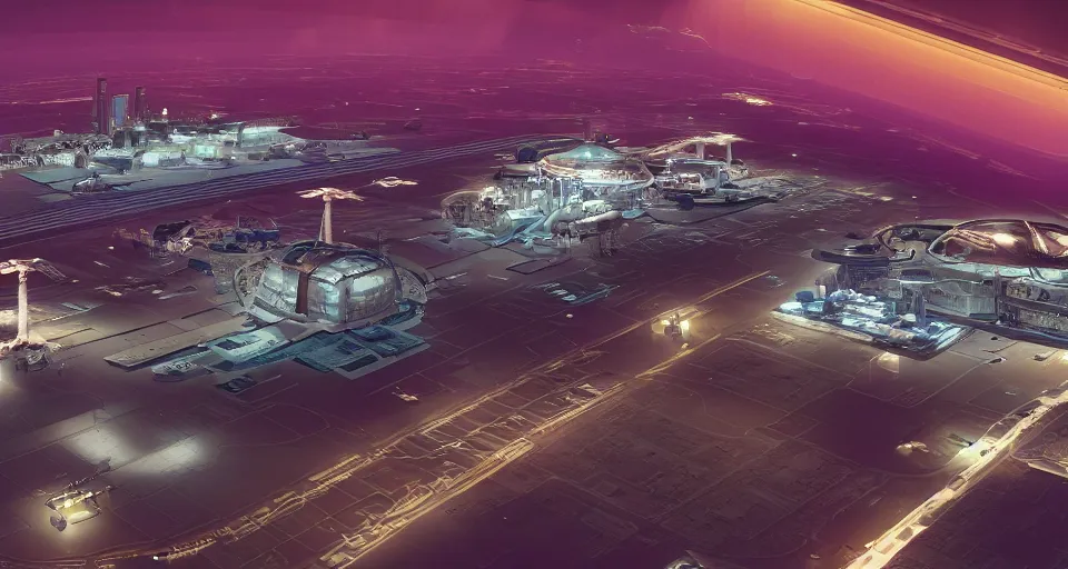 Prompt: a bulbous space-station city airport las vegas at night with massive piping inspired by a nuclear reactor submarine and maschinen krieger, ilm, beeple, star citizen halo, mass effect, starship troopers, elysium, iron smelting pits, high tech industrial, warm saturated colours