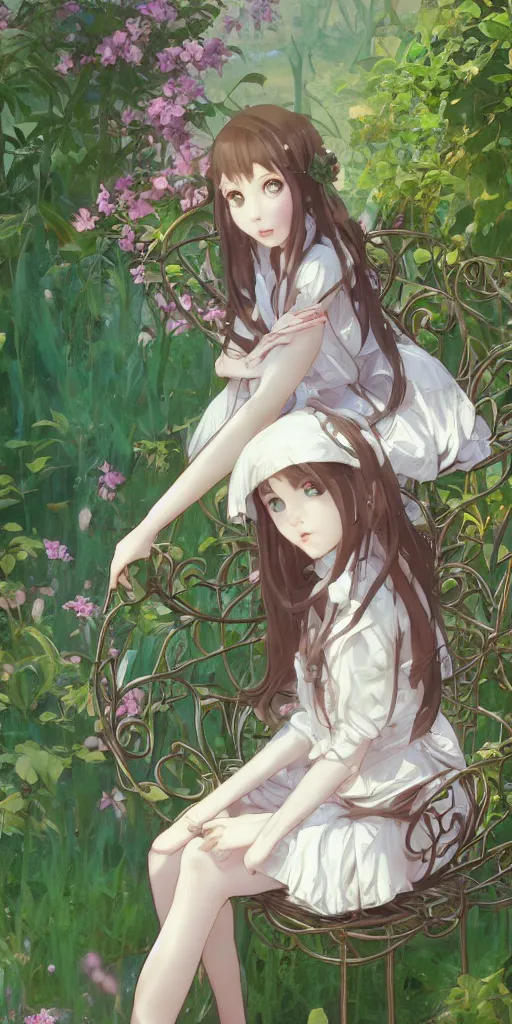 Image similar to a digital art of a loli with long hair in a dress sitting on a metal garden chair in the privet garden at afternoon, green and warm theme, back lighting, by krenz cushart and mucha and greg rutkowski and makoto shinkai, extremely long shot, detailed eyes, 4 k resolution, trending on art station