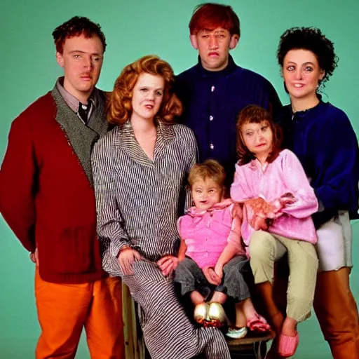 Image similar to a promotional photograph of the Flodder family of the dutch TV series Flodder (1993),