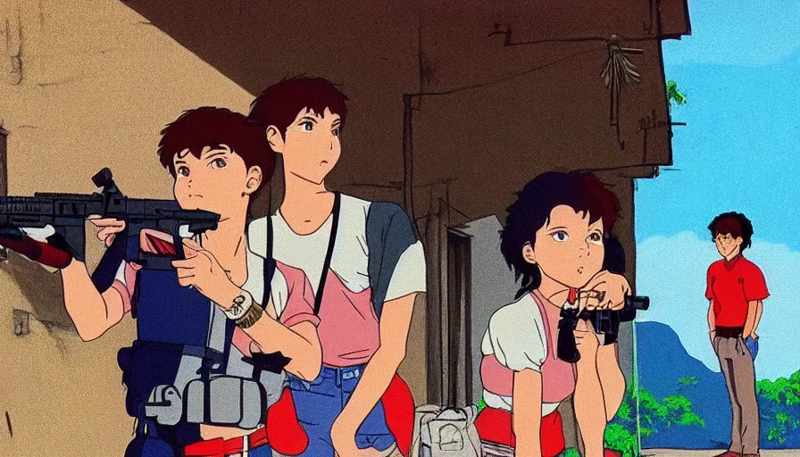 Image similar to 1 9 8 6 movie screencap of a couple with a gun on a rio de janeiro, gucci clothes, studio ghibli sky, beautiful favela background extremely utra high quality artwork 8 k