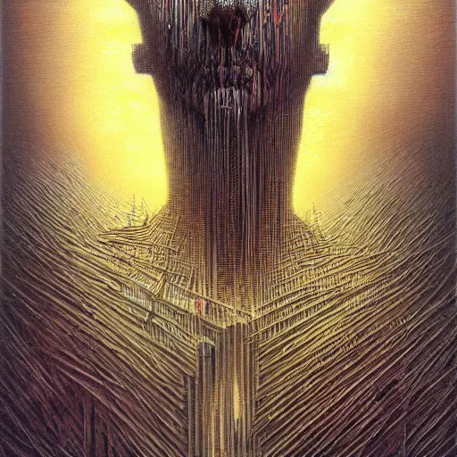 Prompt: Graphic Illustration of the anti-christ, Cyberpunk, Portrait, by Peter Gric, Zdzisław Beksiński