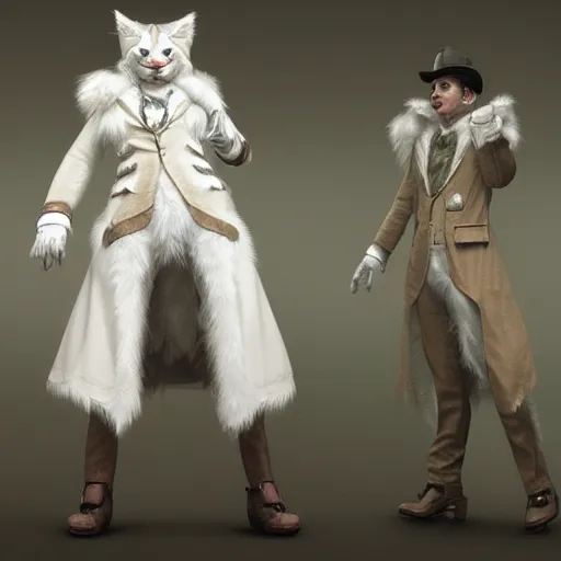 Image similar to white anthropomorphic lynx in victorian white man suit and white fur coat, lynx face, full body with cat paws by craig mullins and noriyoshi ohrai, unreal engine character, furry art, steampunk fantasy style, 4 k, trending on artstation