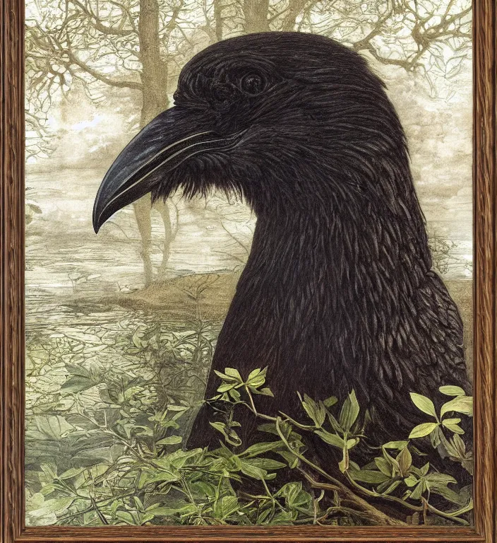 Prompt: a breathtakingly stunningly pre raphaelite beautifully highly detailed extreme close up animal portrait of a majestic raven, in an forest smokey water reflections, framed, by rosetti and devinci and michael cheval and sidney cooper and turner, 4 k