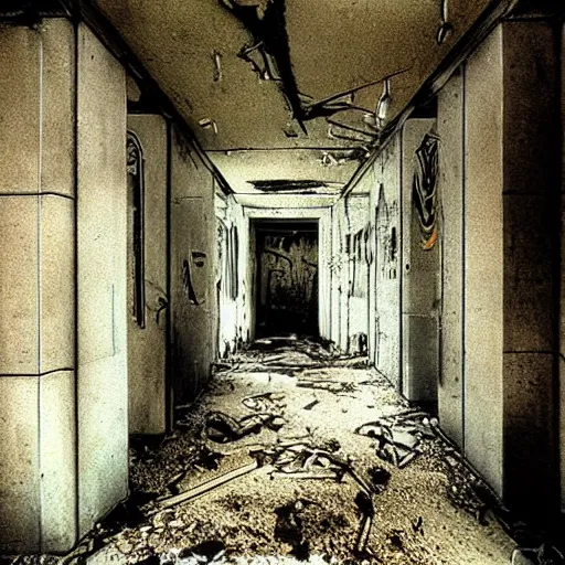 Prompt: abandoned hospital, horror photography by h. g. giger