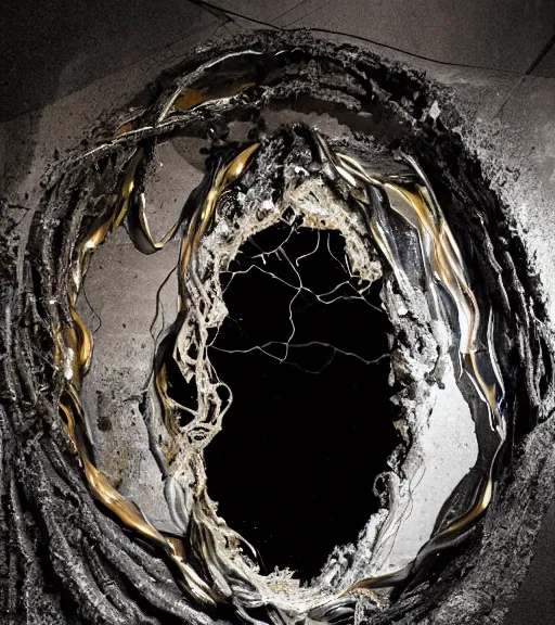 Prompt: a portal vortex made of melting metals show a window to a dark scary realm evil professional photography, high resolution, liminal eerie midnight backlit, a photograph taken by holloywood studios