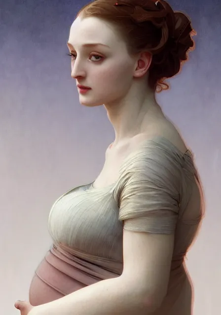 Prompt: pregnant sansa creepy, intricate, elegant, highly detailed, digital painting, artstation, concept art, smooth, sharp focus, illustration, art by artgerm and greg rutkowski and alphonse mucha and william - adolphe bouguereau