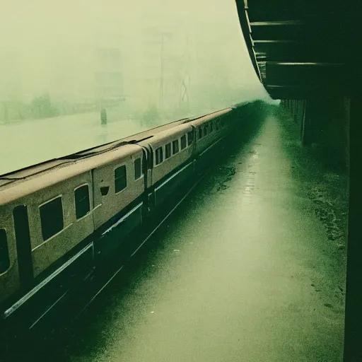 Image similar to 1990s perfect 8K HD professional cinematic photo of a train in dystopian world, at evening during rain, at instagram, Behance, Adobe Lightroom, with instagram filters, depth of field, taken with polaroid kodak portra