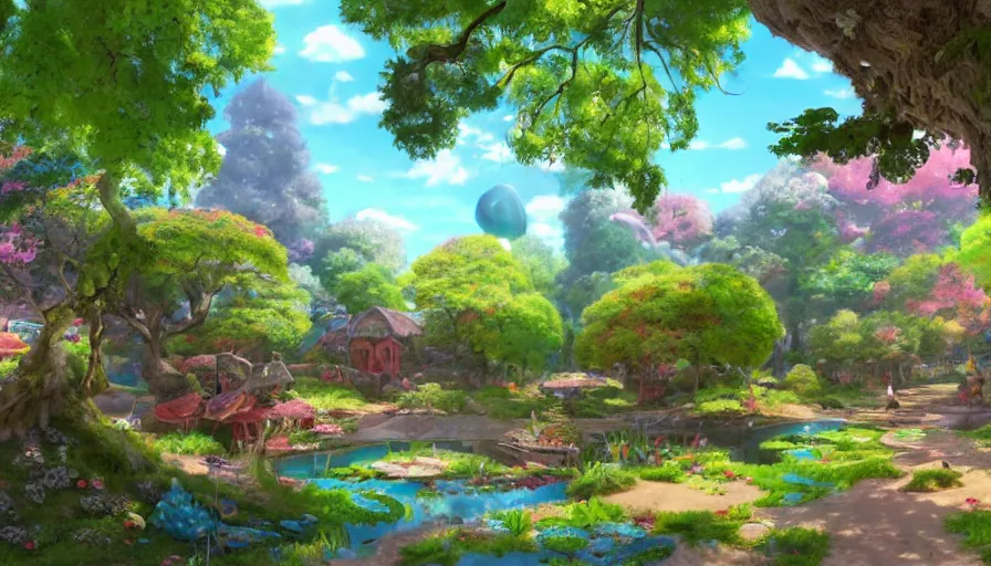 Image similar to a colorful easter land with a pond, beautiful ancient trees, hiding large treasure chest, serene evening atmosphere, soft lens, soft light, cel - shading, animation, in the style of cgsociety, deviantart, artstation, zbrush, cinema 4 d, studio ghibli, akihiko yoshida, atelier lulua, masamune shirow