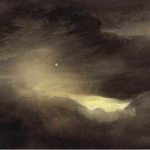 Image similar to clouds and dark smoke at night in a storm strange air animals flying, odd lighting matte oil painting by di fate and alan lee and goya