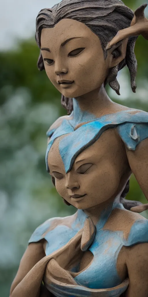 Prompt: Sculpture of Katara from ATLA bending water, water tribe garment, by Michelangelo, photography, Sony A7III, 85mm f4