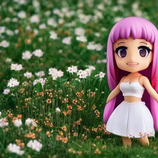 Image similar to scene of ariana grande as nendoroid with flowers as nendoroid on a meadow, kodak film