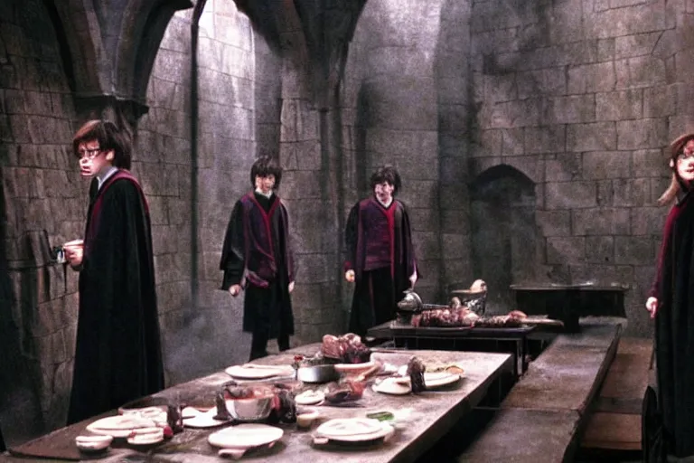 Image similar to Harry potter film, a scene where Harry Potter eating in a Concrete wall basement, Sushi is placed on a small aluminum table placed in the center, Dark cinematic color tones.