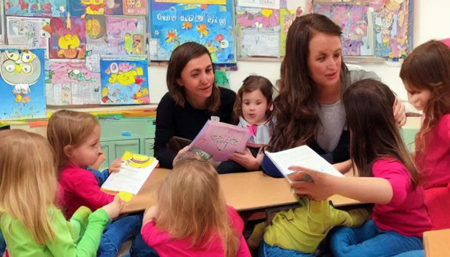 Image similar to kindergarten teacher reading a megg, mogg and owl book to 4 children