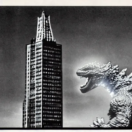 Image similar to godzilla attacking the corning tower albany, old movie