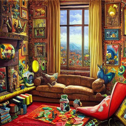 Image similar to a painting of a living room, a surrealist painting by jacek yerka, cgsociety, fantastic realism, maximalist, surrealist, detailed painting