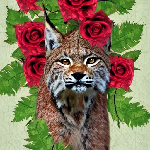 Prompt: lynx wearing Caesar's crown of leaves made out of roses, Caesar's crown of leaves, an expressive digital painting, high quality art,