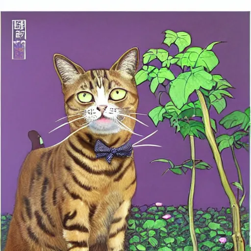 Image similar to a cat with a monocle and a suit in the style of wlop, portrait, overgrown by plants. this oil painting by the award - winning mangaka has interesting color contrasts, plenty of details and impeccable lighting