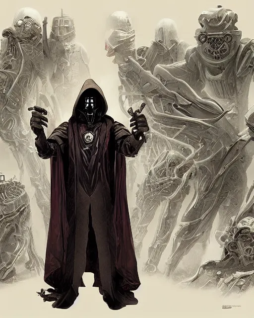 Prompt: sith villain hooded, cloaked, robot destroying a planet, ww 1, android, deathpunk, dmt entity, nekro borja, gerald brom, james jean, artem chebokha, darren bartley, moebius