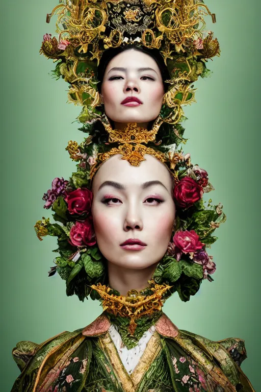 Image similar to a beautiful empress portrait, with a brilliant, impossible striking big salad headpiece, clothes entirely made out of salad, everything salad, symmetrical, dramatic studio lighting, rococo, baroque, greens, asian, hyperrealism, closeup, D&D, fantasy, intricate, elegant, highly detailed, digital painting, artstation, octane render, 8k, concept art, matte, sharp focus, illustration, art by Artgerm and Greg Rutkowski and Alphonse Mucha