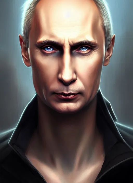 Prompt: « a portrait o cyberpunk vladimir putin, glowing eyes, a digital painting by charlie bowater, featured on cgsociety, fantasy art, behance hd, wiccan, artstation hd »